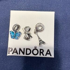 Pandora Silver Charm Set with Bow, Blue Butterfly and Eiffel Tower